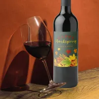 Happy Thanksgiving Fall Colorful Foliage On Wood Wine Label