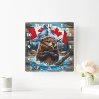 Canadian Beaver with Blue Ocean Square Wall Clock