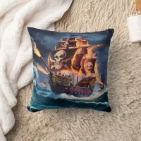 Fiery Pirate Ship Battling Waves at Dusk Throw Pillow