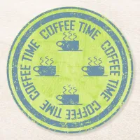 Coffee Time Gold on Pastel Blue Round Paper Coaster