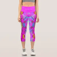 pink sunflowers tropical leaves modern floral art capri leggings