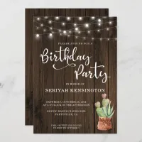 Rustic String Lights Succulent Any Year Birthday Invitation