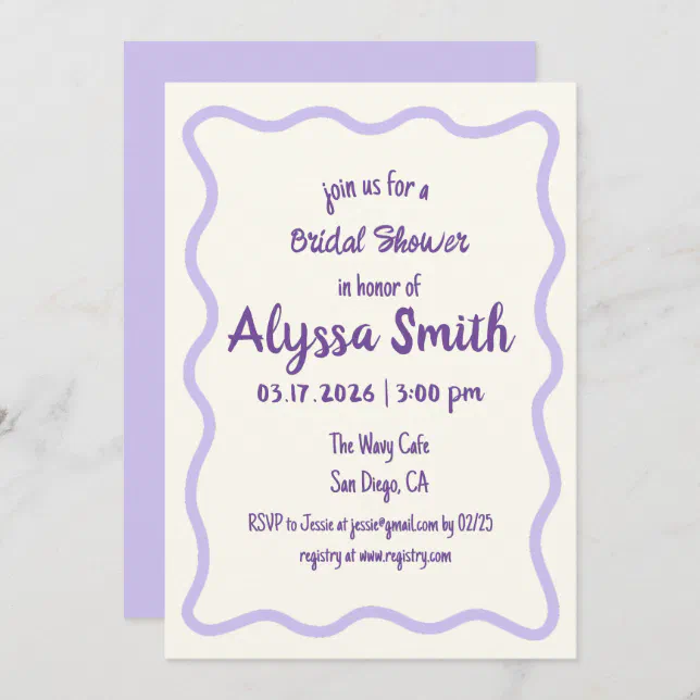 Handwritten Wavy Border Lavender Bridal Shower Invitation