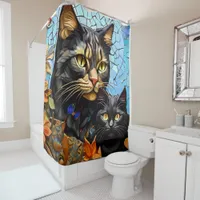 Vibrant Mosaic Cat Stained Glass Artistic Feline  Shower Curtain