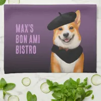 Cute Chic Corgi Dog Wearing Beret & Bandana Kitchen Towel