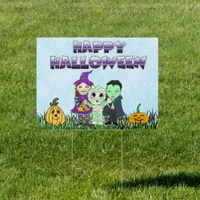 Happy Halloween Children in Costumes Sign