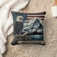 Eagle Perched With Mountains and Flag Background Throw Pillow