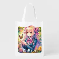 Anime Girl and Butterfly Watercolor Personalized Grocery Bag