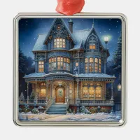 Illuminated House on a Christmas Eve Metal Ornament