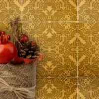 Gold Geometric Symmetrical Floral and Leaf Motifs Ceramic Tile