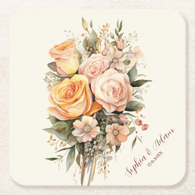 Rustic Boho Chic Peach Floral Tote Bag Square Paper Coaster