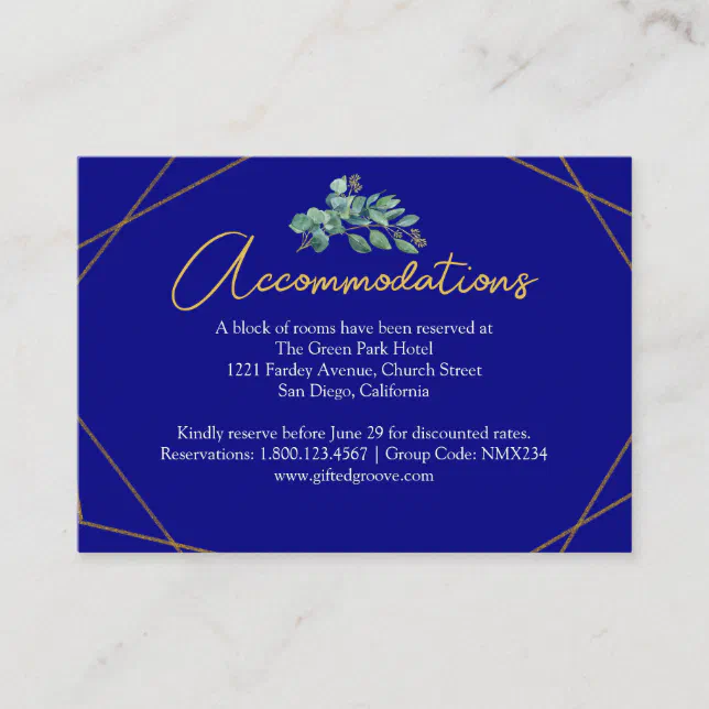 Simple Eucalyptus Greenery Navy Blue and Gold Enclosure Card