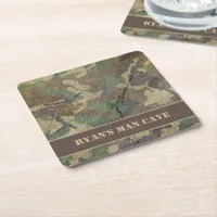 Army Camo Wood Texture Camouflage Green Man Cave Square Paper Coaster