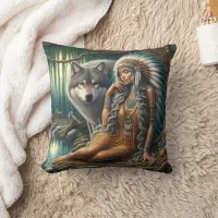 Native American Woman Seated With Wolf in Forest Throw Pillow