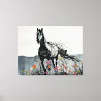 Black Horse in Wildflowers Canvas Print