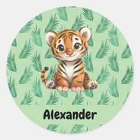 Cute Cartoon Tiger on Tropical Leaves Classic Round Sticker