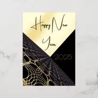 Happy New Year 20xx modern gold lace on black bg Foil Invitation