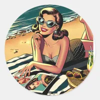 Retro Woman at Beach reading a Fashion Magazine Classic Round Sticker