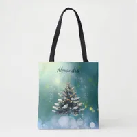 Beautiful Christmas Tree with Snow and Gold Lights Tote Bag