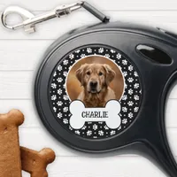 Black Polka Dot Paw Print Dog Bone Pet Photo Retractable Pet Leash