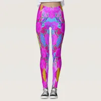 pink sunflowers tropical leaves modern floral art leggings