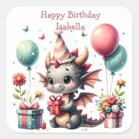 Girl's Dragon Themed Birthday Party Square Sticker