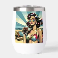 Beautiful Pinup Woman with a Cola on the Beach Thermal Wine Tumbler