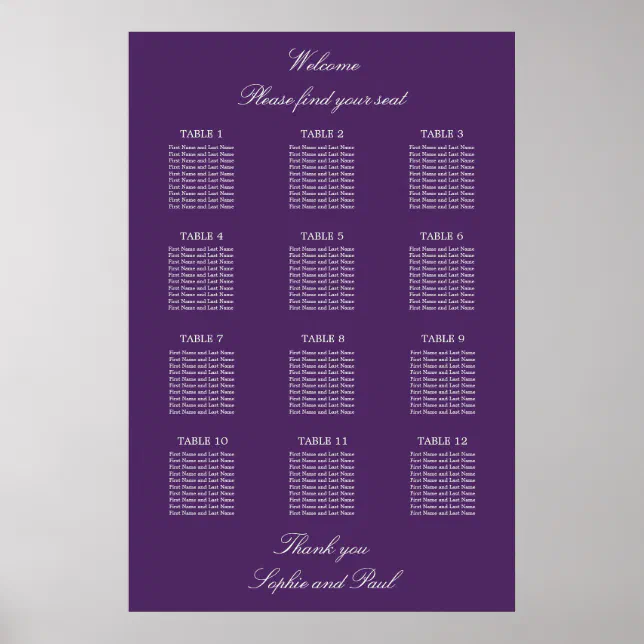 Dark Purple 12 Table Wedding Seating Chart Poster