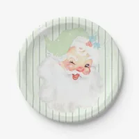 Sage Green Vintage Winking Santa Christmas Party Paper Plates