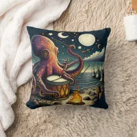 Octopus Playing Drum by the Seaside Campfire Throw Pillow