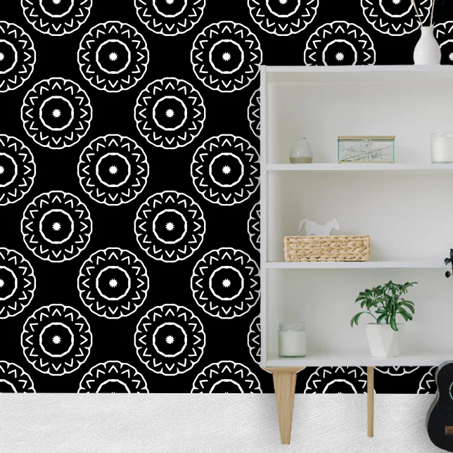 Moroccan White Simple Mandala Motifs on Black  Wallpaper