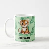 Cute Cartoon Tiger on Tropical Leaves