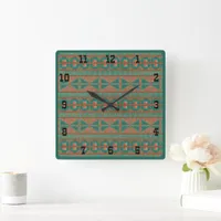 Southwestern Copper Teal Geometric Western Numbers Square Wall Clock