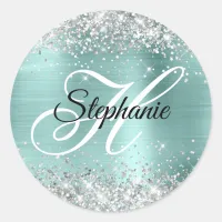 Silver Glitter Pale Turquoise Foil Fancy Monogram Classic Round Sticker