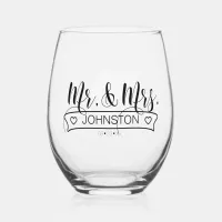 Newlywed Name Banner Mr & Mrs ID668 Stemless Wine Glass