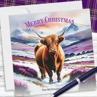 Highland Cow In Snow Watercolor Custom Christmas Holiday Card