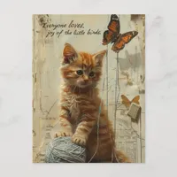 Adorable Ginger Kitten With Butterfly Mixed Media Postcard