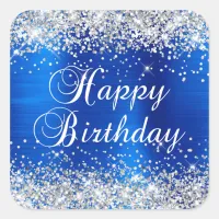 Silver Glitter Royal Blue Foil Happy Birthday Square Sticker