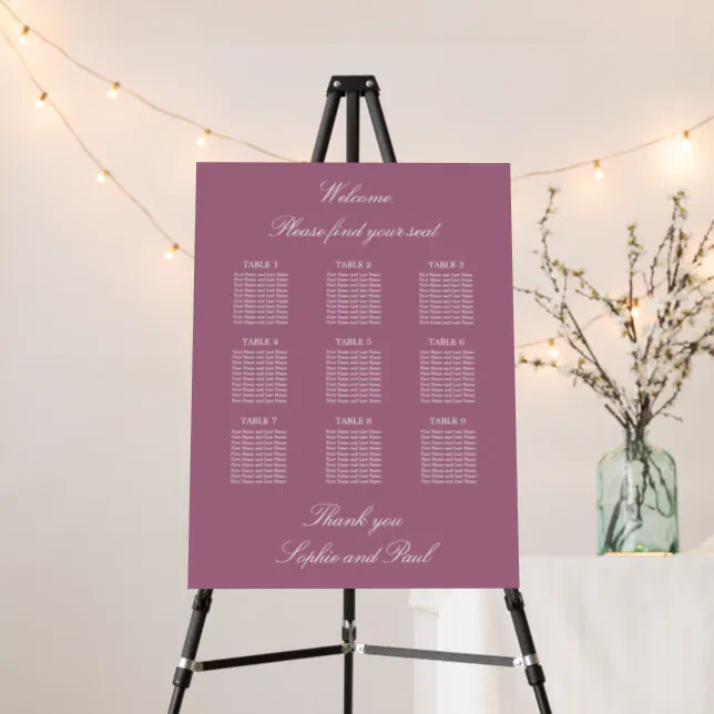 Mauve 9 Table Wedding Seating Chart Foam Board