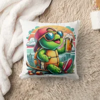 Cool turtle relaxing with a drink on the boardwalk throw pillow