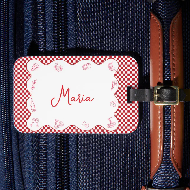 Classic Chic Italian-Themed Name Red Checkered  Luggage Tag
