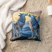 Wolves Howling Under Full Moon Throw Pillow