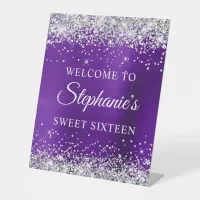 Silver Glitter Indigo Purple Foil Sweet Sixteen Pedestal Sign