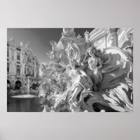 Marble statue fountain in Italian piazza B&W photo Poster