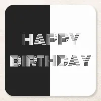 Happy Birthday Black White Op Art Elegant Chic Square Paper Coaster