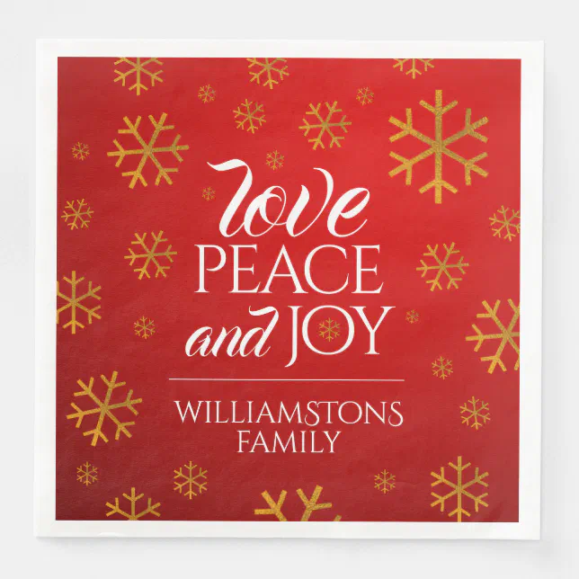 Festive Red Love, Peace, and Joy with Snowflakes Paper Dinner Napkins