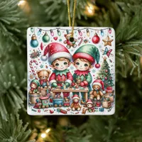 Adorable Christmas Elves in their Toy Shop Ceramic Ornament