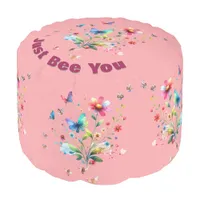 Simple Floral Watercolor Monogram Bee on pink  Pouf