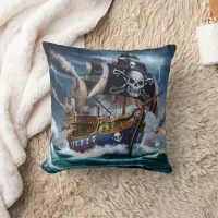 Pirate Ship Battling Stormy Seas at Dusk Throw Pillow