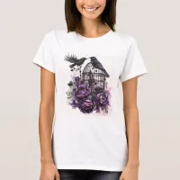 Black Raven and Purple Goth Flowers T-Shirt